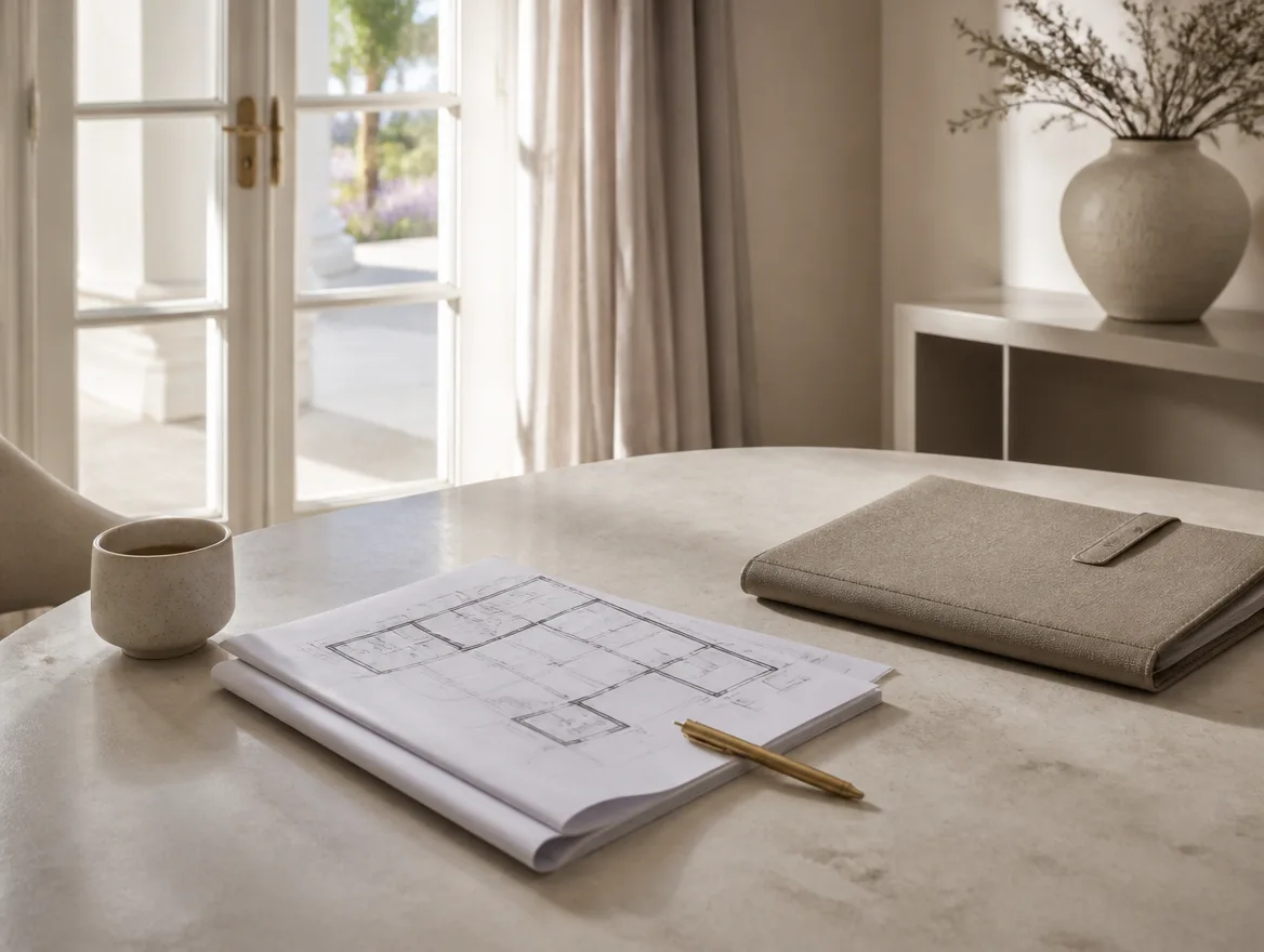AI-generated editorial still life of a floor plan, pen, and linen folio on a sunlit stone table.